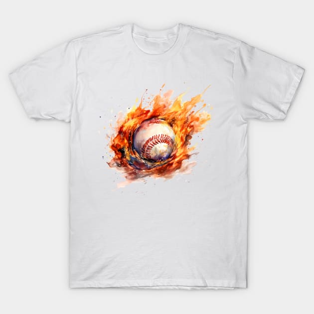 Flaming Baseball Watercolor T-Shirt by BisonPrintsCo